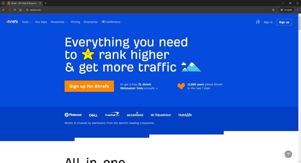 Screenshot of Ahrefs Homepage Aug 23 2024