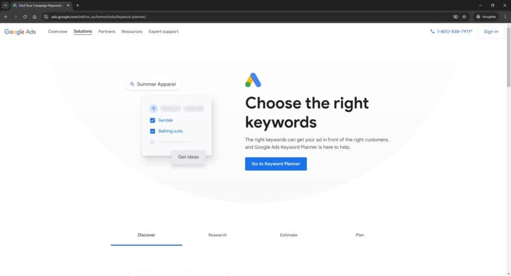 Screenshot of Google Keyword Planner Homepage Aug 23 2024