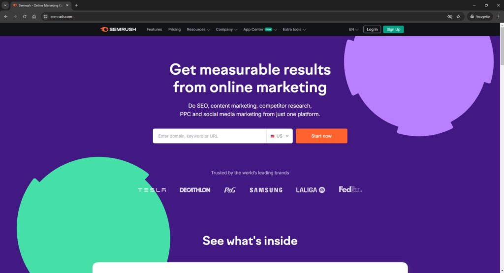 Screenshot of SEMRush Homepage Aug 23 2024