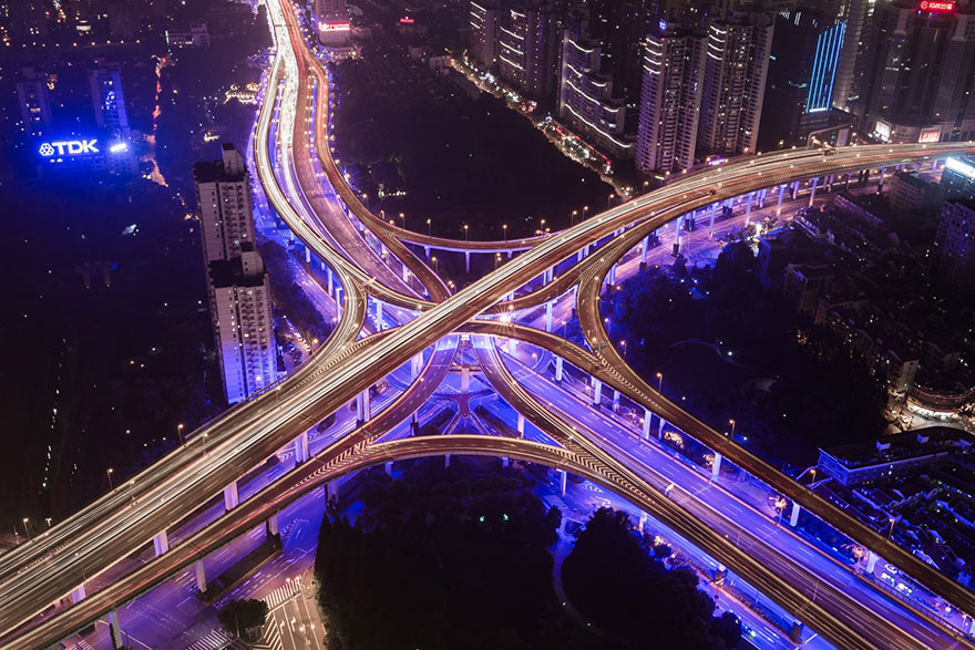 Aerial shot of a highway bypass at night