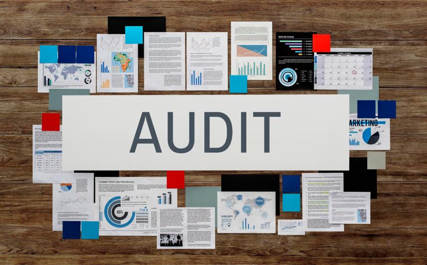 Various graphs and charts surrounding AUDIT text in the middle