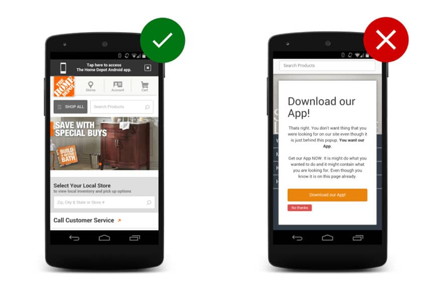 Image of two phones on The Home Depot website one with no popup and the other with a popup. The one without a popup has a green circled checkmark and the the one with a popup has a red circled X.