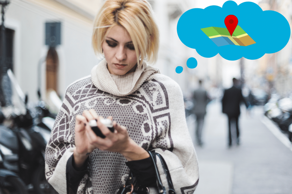 Woman using a phone with a thought cloud that contains Google maps icon