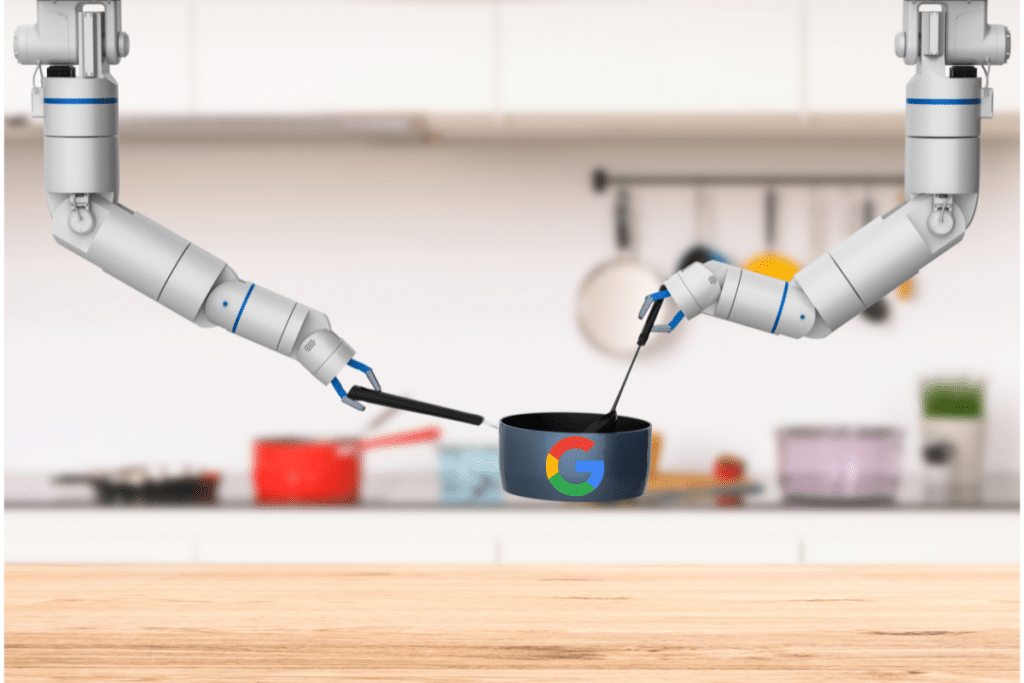 Two robotic arms with one holding a pan that has Google's logo on it and the other holding a spatula which is inside the pan