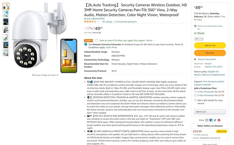 2k Auto Tracking Security Camera amazon listing page screenshot