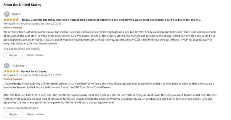 Screenshot of Amazon reviews by two buyers