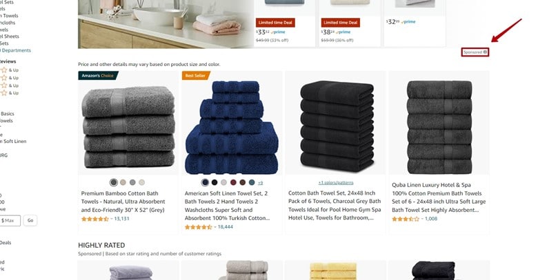 Amazon products page for towels with arrow pointing to sponsored