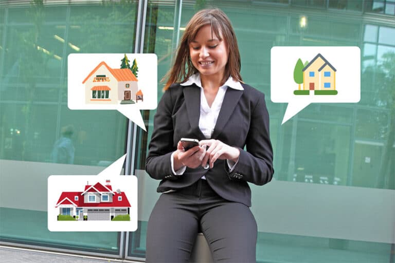 A female realtor is shown on her phone with various listing notifications popping up