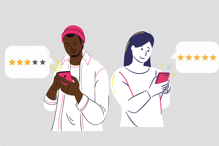 Illustration of young people submitting online reviews via their phones