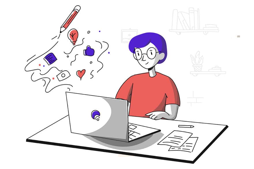 Illustration of a blogger working on a magic laptop