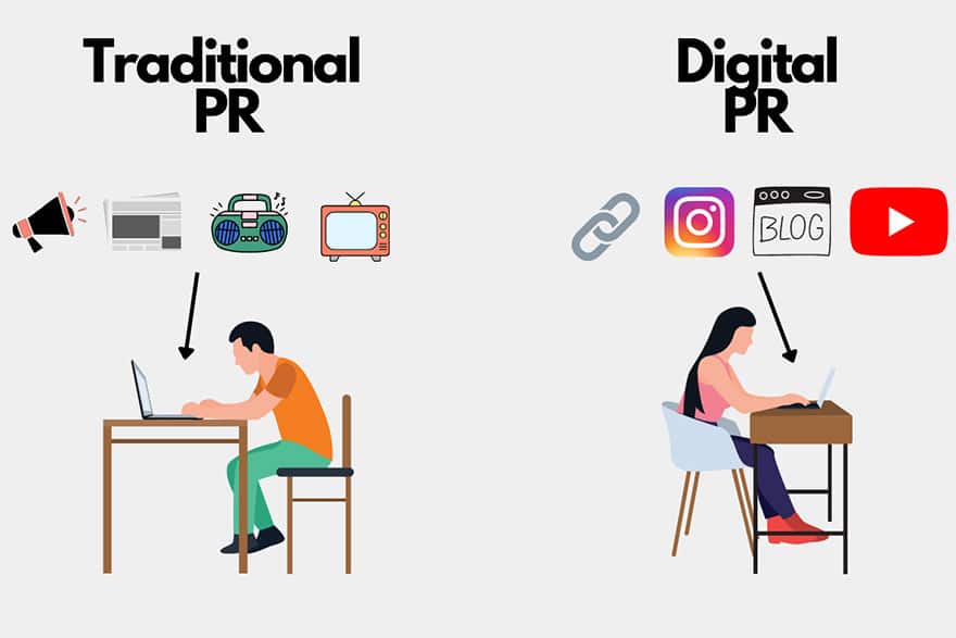 Illustration of a digital PR specialist and a traditional PR specialist working at their desks