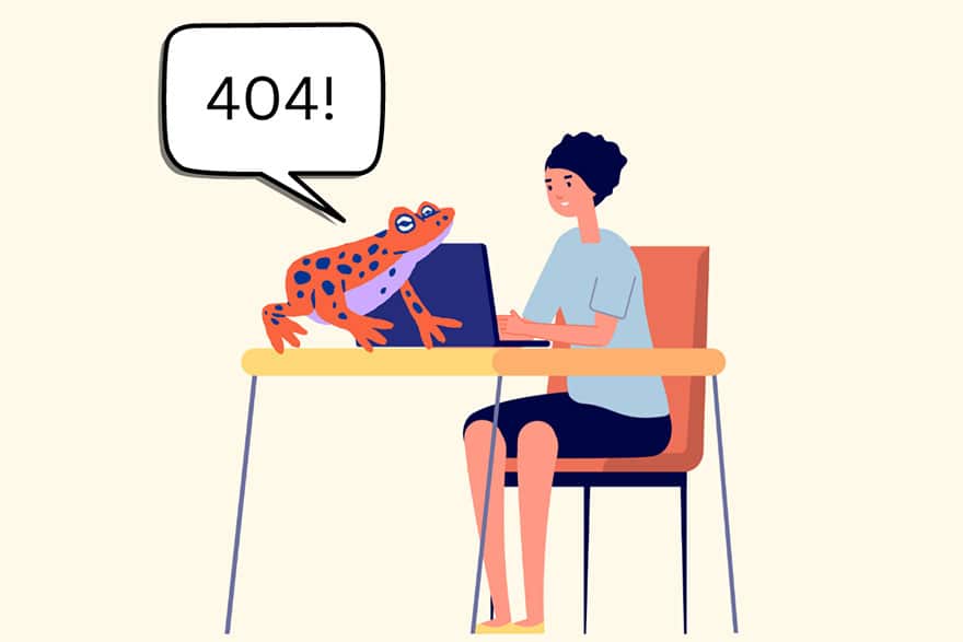 illustration of a woman with a laptop and a frog on her desk. The frog is screaming ‘404’