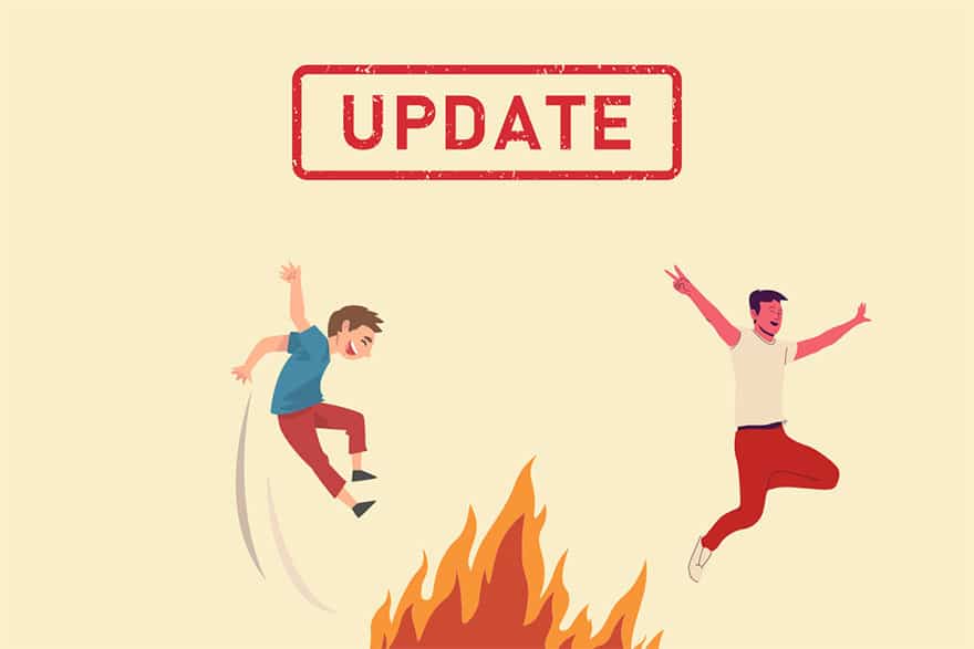 Two people jumping over a fire with the title “Update” above