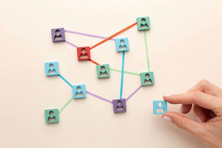 A hand removing a block representing a person from others connected in a network