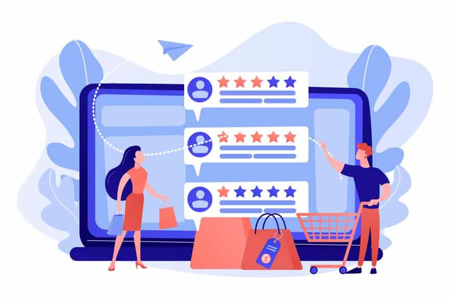 Illustration of people looking at product reviews on a giant monitor
