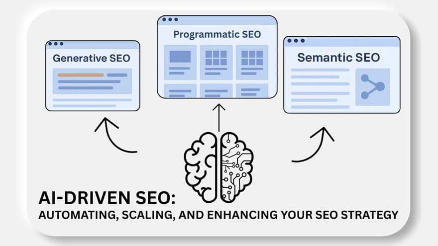 Diagram of AI-driven SEO showing generative, programmatic, and semantic SEO approaches with a central AI brain illustration