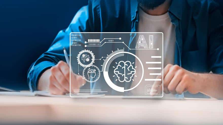 Man writing on paper with futuristic AI dashboard overlay showing brain icon and SEO data visualization
