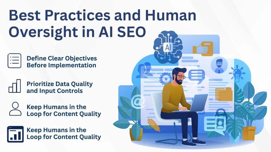 Graphic showing best practices for AI SEO including human oversight, with a man working on a laptop and AI icons in the background