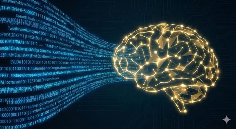 Glowing digital brain made of connected nodes with streams of code flowing into it, representing how AI transforms raw data into structured entities for smarter search and content optimization.