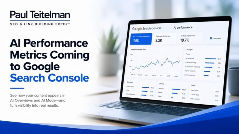AI Performance Metrics Coming to Google Search Console dashboard illustrating AI search visibility and SEO reporting.