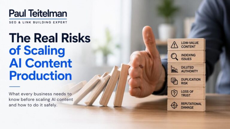 Illustration showing the risks of scaling AI content production, including low-value content, indexing issues, duplicate content, loss of trust, and reputational damage.