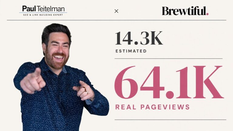 Paul Teitelman beside a Brewtiful Living data card contrasting 14.3K estimated visits with 64.1K real pageviews